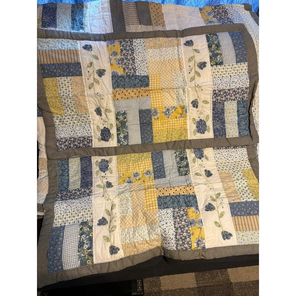 Floral Y2K log cabin machine pieced hand quilted vtg quilt king set pillowcase